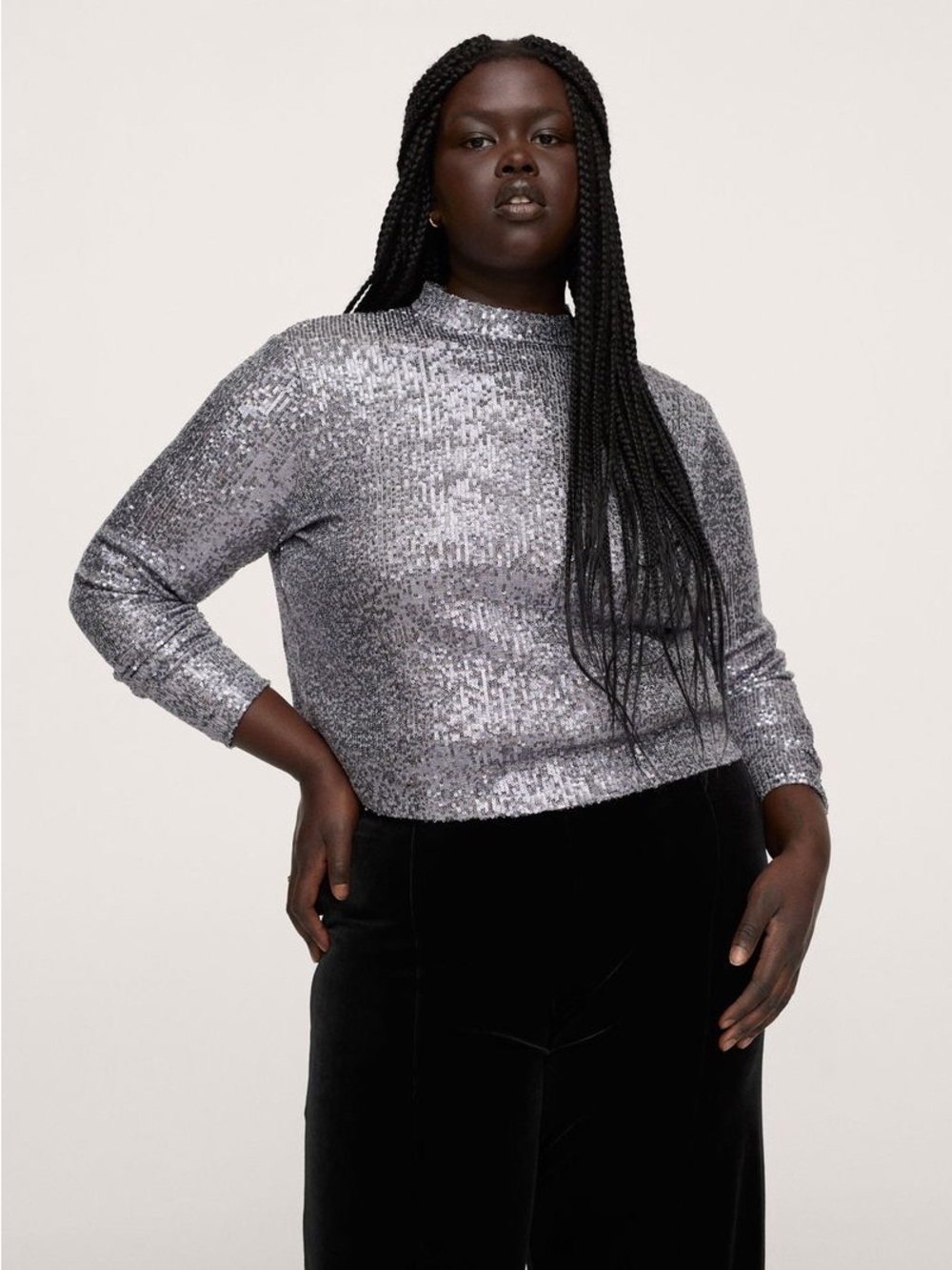 Mango Silver Sequin Mock Neck Crop Top